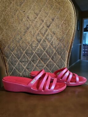 Crocs Rhonda Wedge Slip On Slides Sandals Shoes Pink Blue Shimmer Strappy
